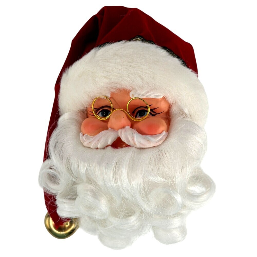 6" Santa Head Small Christmas Tree Topper Plush Beard Vinyl Face Bell VTG